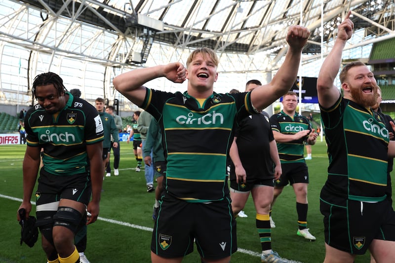 Henry Pollock celebrates Northampton's victory over Leinster in the Champions Cup semi-final at the Aviva Stadium. Photograph: Damien Eagers/PA Wire
