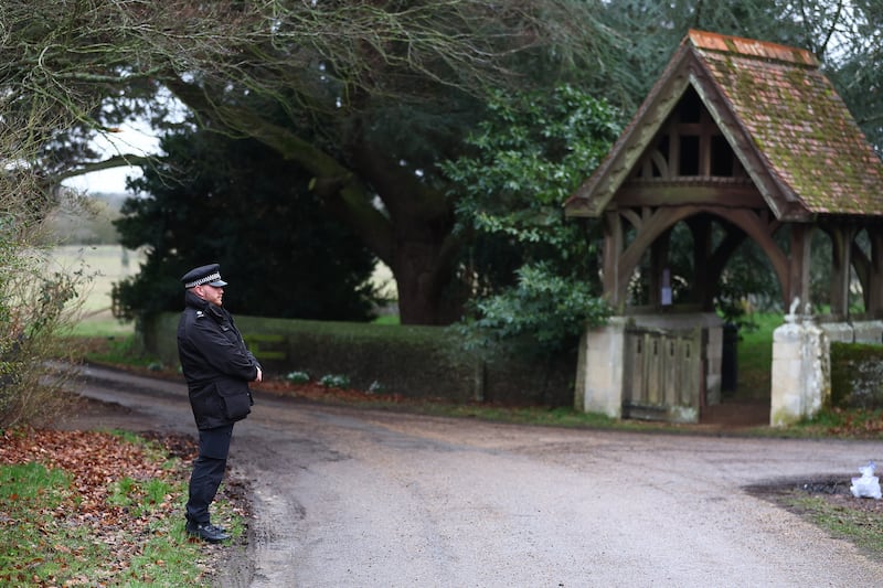 A police officer stands guard near the entrance to Wood Farm, the home of Andrew Mountbatten-Windsor on Thursday in Sandringham, Norfolk. Photograph: Peter Nicholls/Getty Images