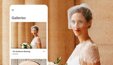 A bride in a lace dress and veil holds a bouquet, standing by stone columns. Next to her is a phone screen displaying a photo gallery titled "The Smithson Wedding" featuring the same bride.