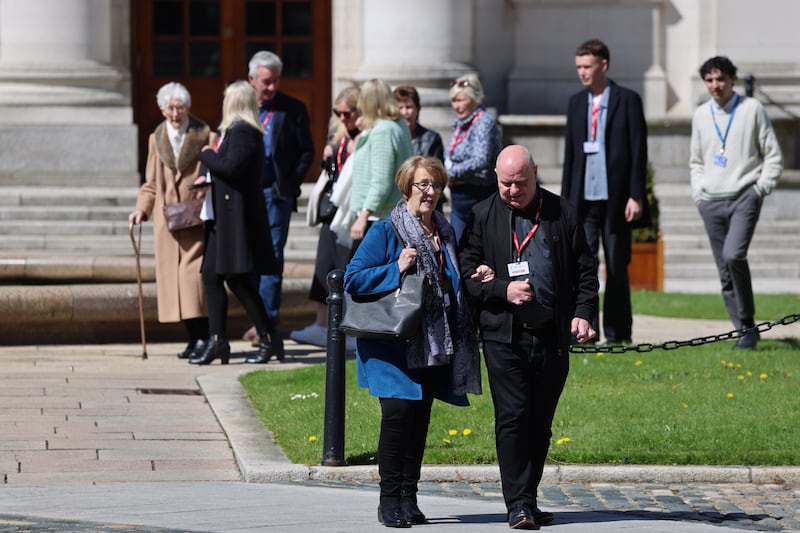 Betty Bissett, mother of Stardust victim Carol Bissett, with survivor Jimmy Fitzpatrick, at Government Buildings in 2024. Photograph: Dara Mac Dónaill