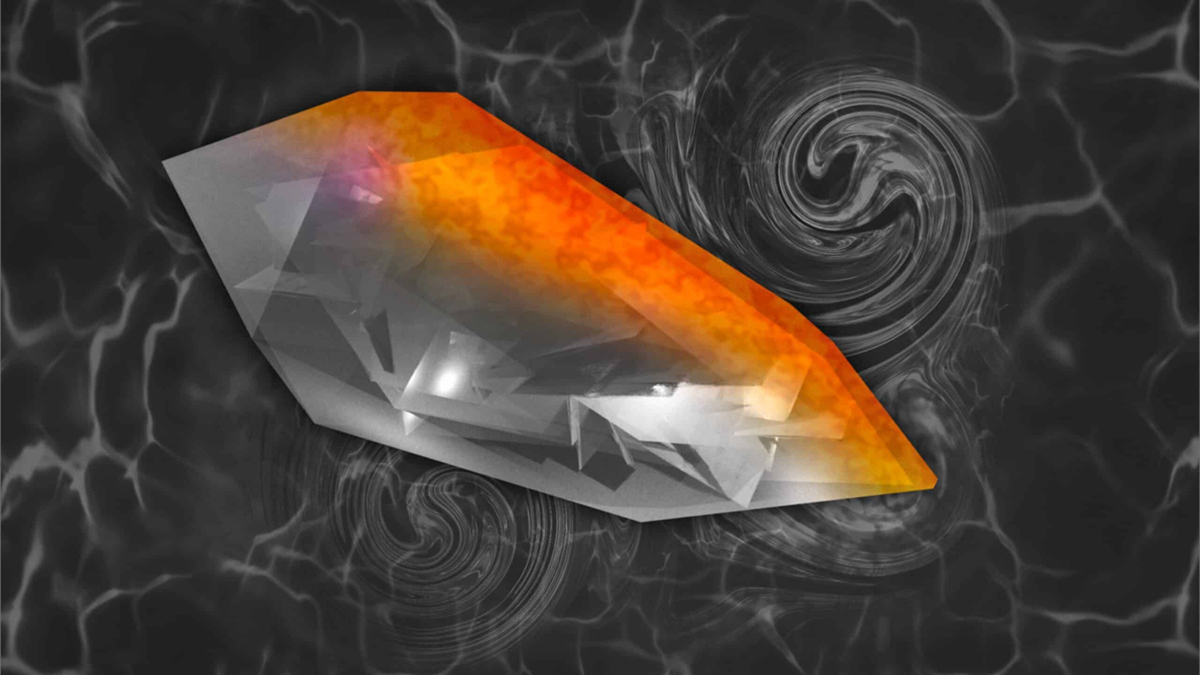 An illustration of a quartz crystal with facets of gray, black and white, with a gradient of red, orange and yellow at one end of the crystal, simulating a heat gradient.
