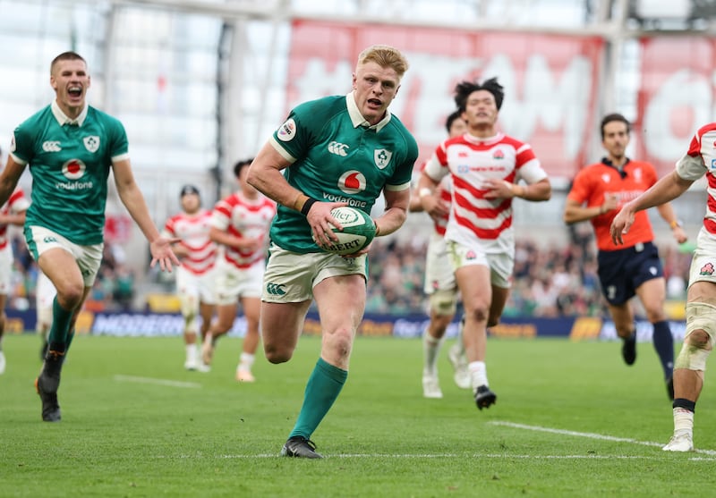 Just one of Ireland's tries in November came without a ruck: Tommy O’Brien’s effort against Japan. Photograph: Billy Stickland/Inpho