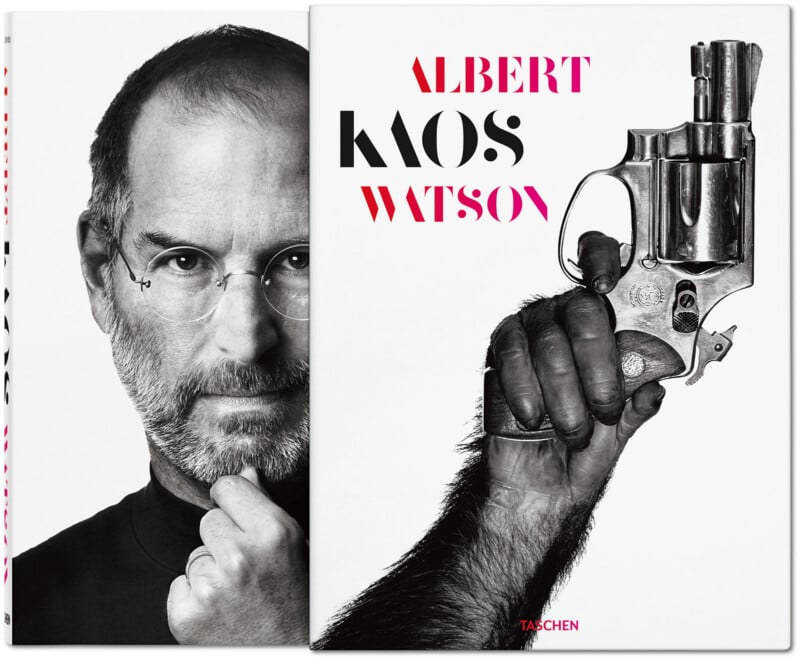 Side-by-side book covers: one features a black-and-white portrait of a man with glasses and a hand on his chin; the other shows a hairy hand holding a revolver, with the title "Albert Kaos Watson.