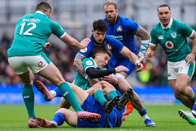 Sam Prendergast endured some tough moments during Ireland's hard-fought win over Italy on Saturday. Photograph: Ben Brady/Inpho