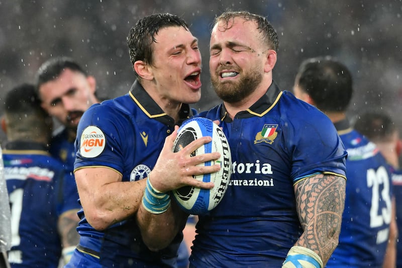 Paolo Garbisi and Niccolo Cannone celebrate after Italy's Six Nations win over Scotland. Photograph: Alberto Pizzoli/AFP via Getty Images