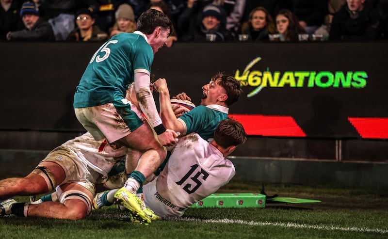 Ireland’s Daniel Ryan celebrates scoring a try with Noah Byrne during the under-20 Six Nations game against England in Bath on Friday. Photograph: Inpho