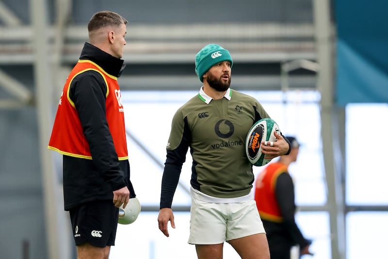 Ireland kicking coach Jonathan Sexton with Jamison Gibson-Park (right) during training at the IRFU High Performance Centre ahead of Saturday's match against Italy at the Aviva Stadium. Photograph: Ben Brady/Inpho