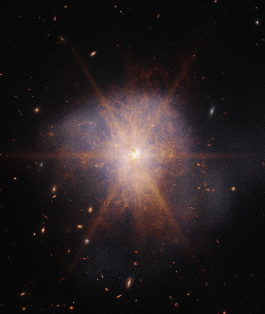 The JWST captured this image of Arp 220 in 2023. It's a ULIRG that shines with the light of more than one trillion Suns. Compare that to the Milky Way which is as bright as ten billion Suns. The individual galactic cores aren't visible in this image, but they're only about 1,200 light-years apart. Image Credit: NASA, ESA, CSA, K. Pontoppidan (STScI), A. Pagan (STScI). Licence: ESA Standard Licence/CC BY-SA 3.0 IGO