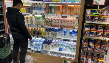 The dairy counter in a Jerusalem supermarket offering the cow-free New Milk by tech company Remilk among regular dairy options and other milk substitutes on January 29, 2026. (Rossella Tercatin/Times of Israel)