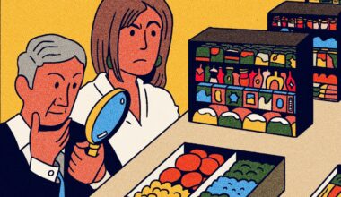 Drawing of two people inspecting grocery store shelfs and bins close-up with a magnifying glass.