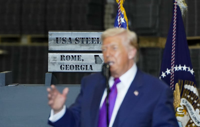 "USA Steel Rome, Georgia" signage as US president Donald Trump speaks during an event at the Coosa Steel Corporation. Photograph: Megan Varner/Bloomberg