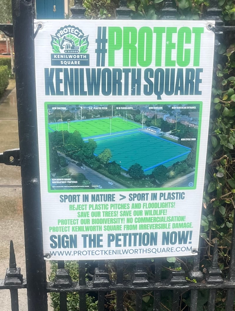 A Protect Kenilworth Square poster, as seen on many of the homes on the streets around the square. Photograph: Ellen O'Riordan