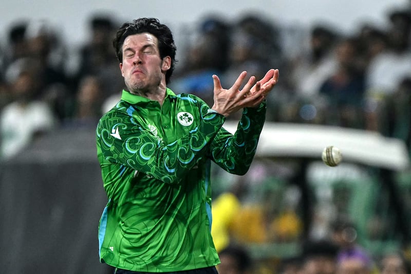 Ireland's George Dockrell drops a catch of Sri Lanka's Kamindu Mendis. Photograph: Ishara S Kodikara/AFP via Getty