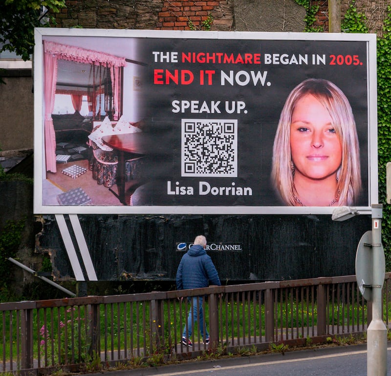 A billboard campaign appealing for information on the whereabouts of Lisa Dorrian pictured in Newtownards in 2024. Photograph: Sarah Harkness/Pacemaker Press