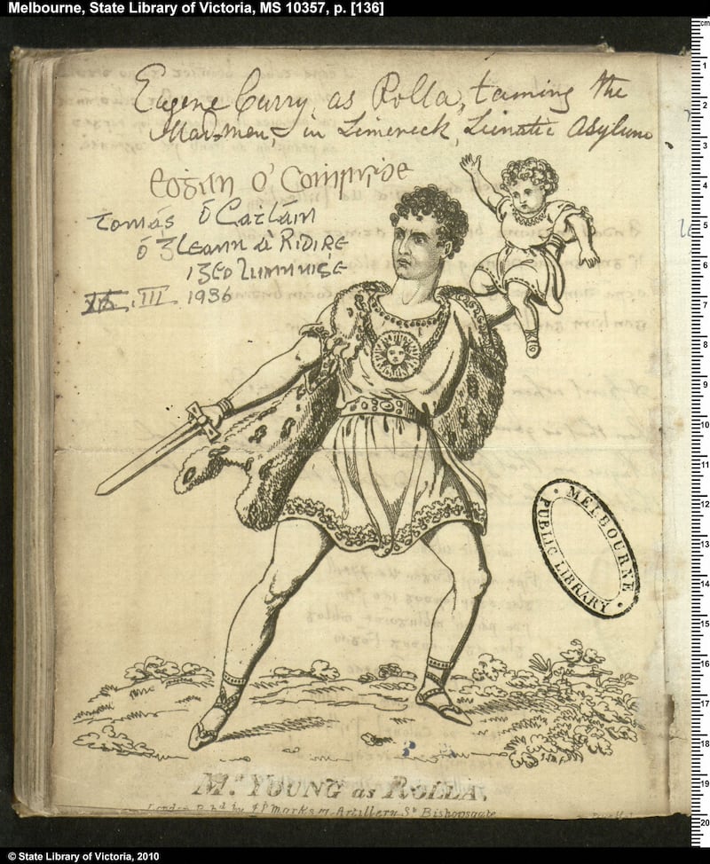 Eugene Curry, traditional 19th-century Irish-language scribe, imagined as Rolla (an Incan prince) in Roman dress, taming the madmen in Limerick Lunatic Asylum. Melbourne, State Library of Victoria, MS 10357, p. [136]. Image courtesy of Irish Script on Screen.