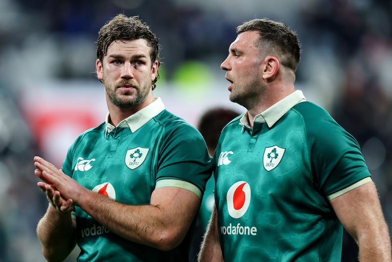 Ireland's Caelan Doris and Tadhg Beirne dejected after the match. Photograph: Ben Brady/Inpho