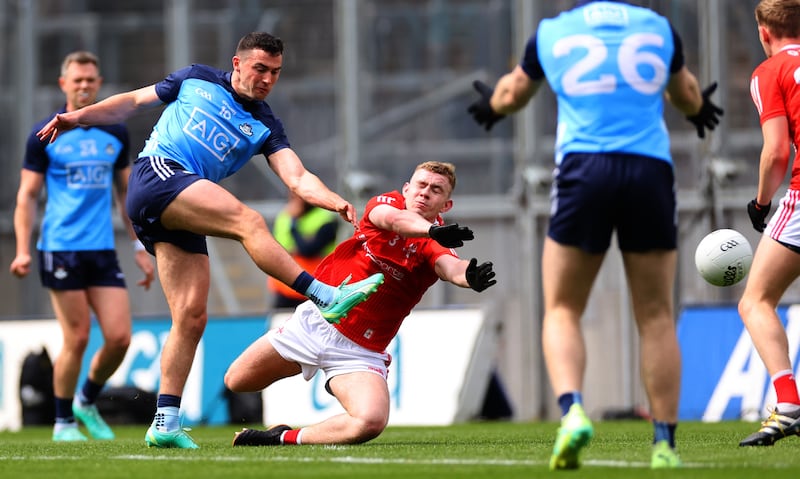 Colm Basquel scores a goal for Dublin in the 2023 Leinster Senior Football Championship final victory against Louth at Croke Park. Photograph: James Crombie/Inpho