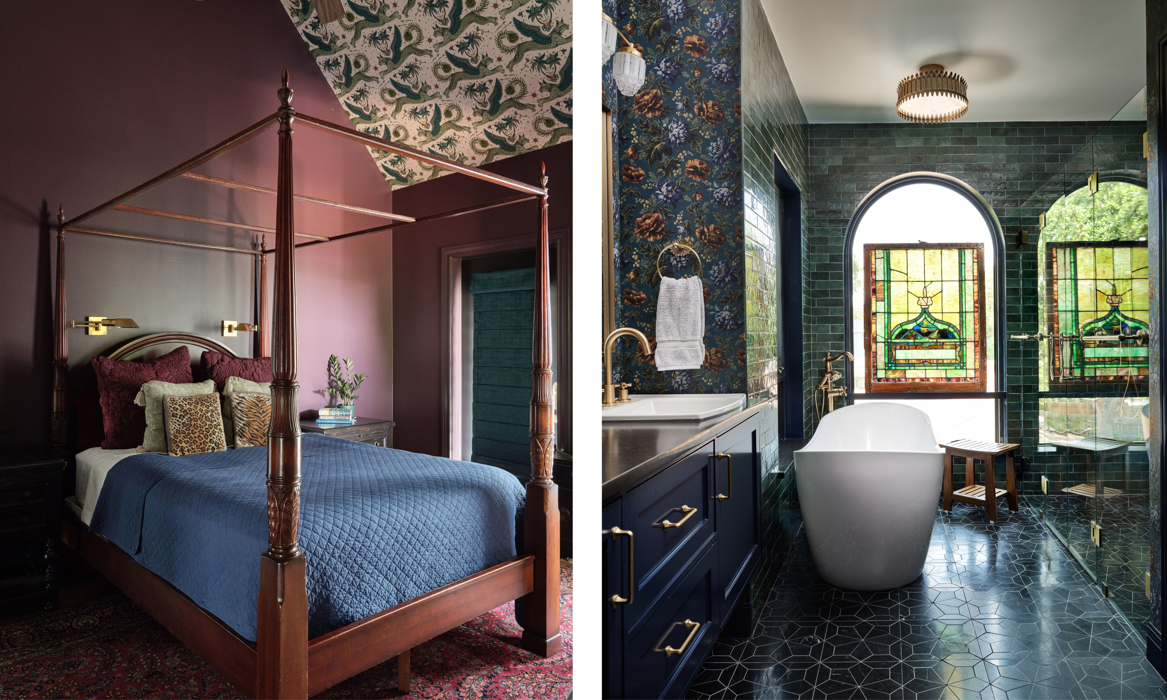 two shots next to each othe. On the left, a red bedroom with wallpaper on the ceiling. On the right, a bathroom with stained glass window