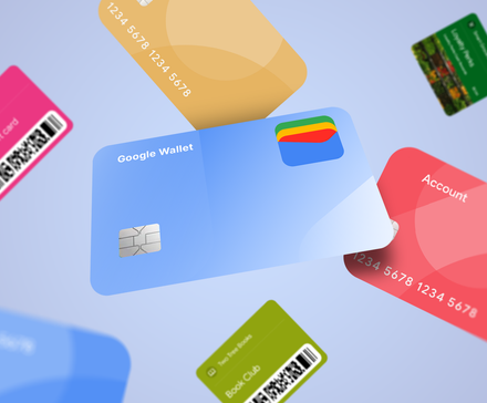 A blue Google Wallet card surrounded by floating credit, gift, and loyalty cards
