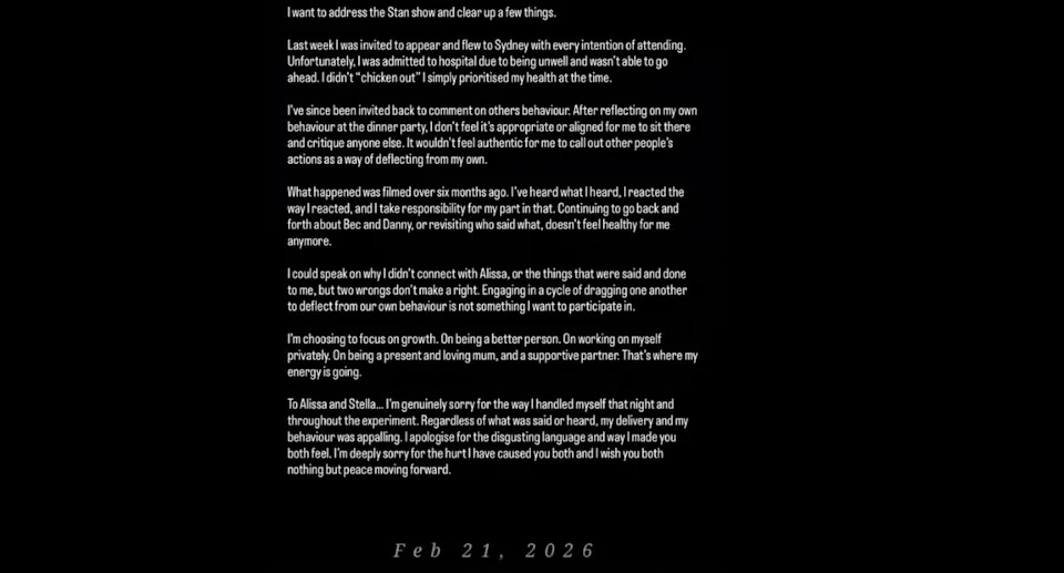Gia's apology in full mentioned Stella, Alissa, Bec and Danny, and also rumours on why she didn't appear on the Stan spin-off show. Picture: Gia Fleur/Instagram