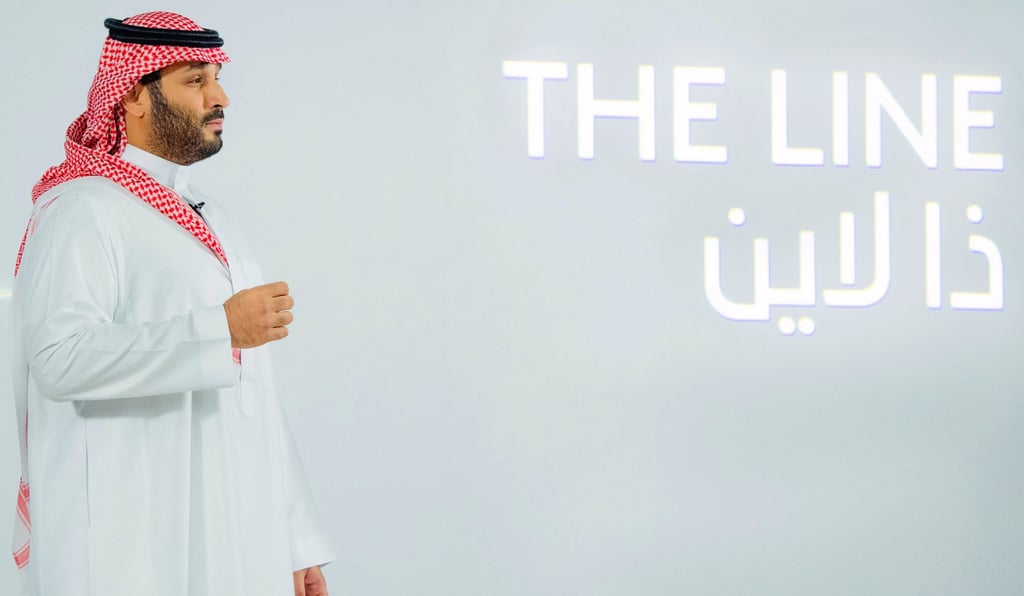 Saudi Crown Prince Mohammed bin Salman launches The Line in January 2021. Photo by Saudi Royal Palace/Bandar Al-Jaloud/AFP