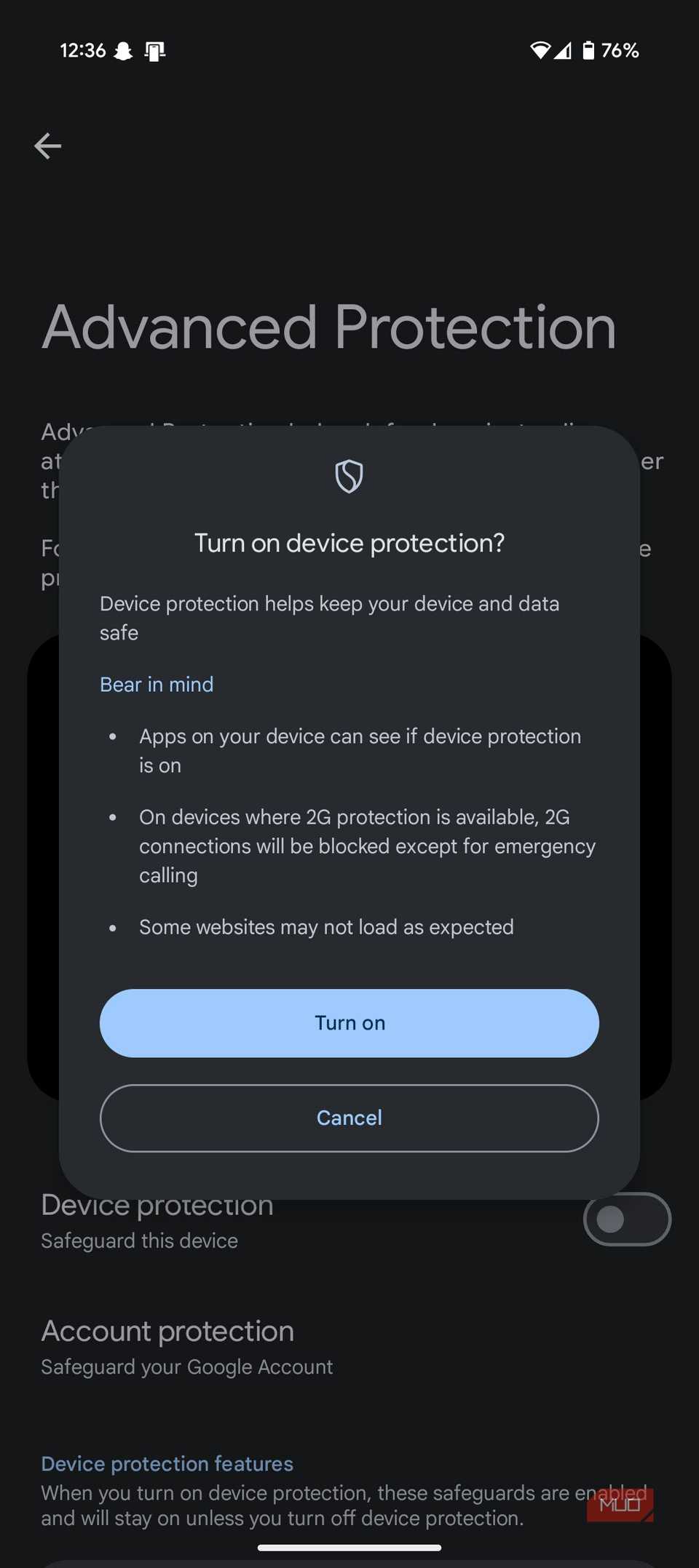 Advanced Protection warning pop-up