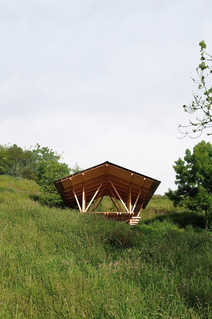 gabled timber observation pavilion promotes agroforestry in asturias, spain