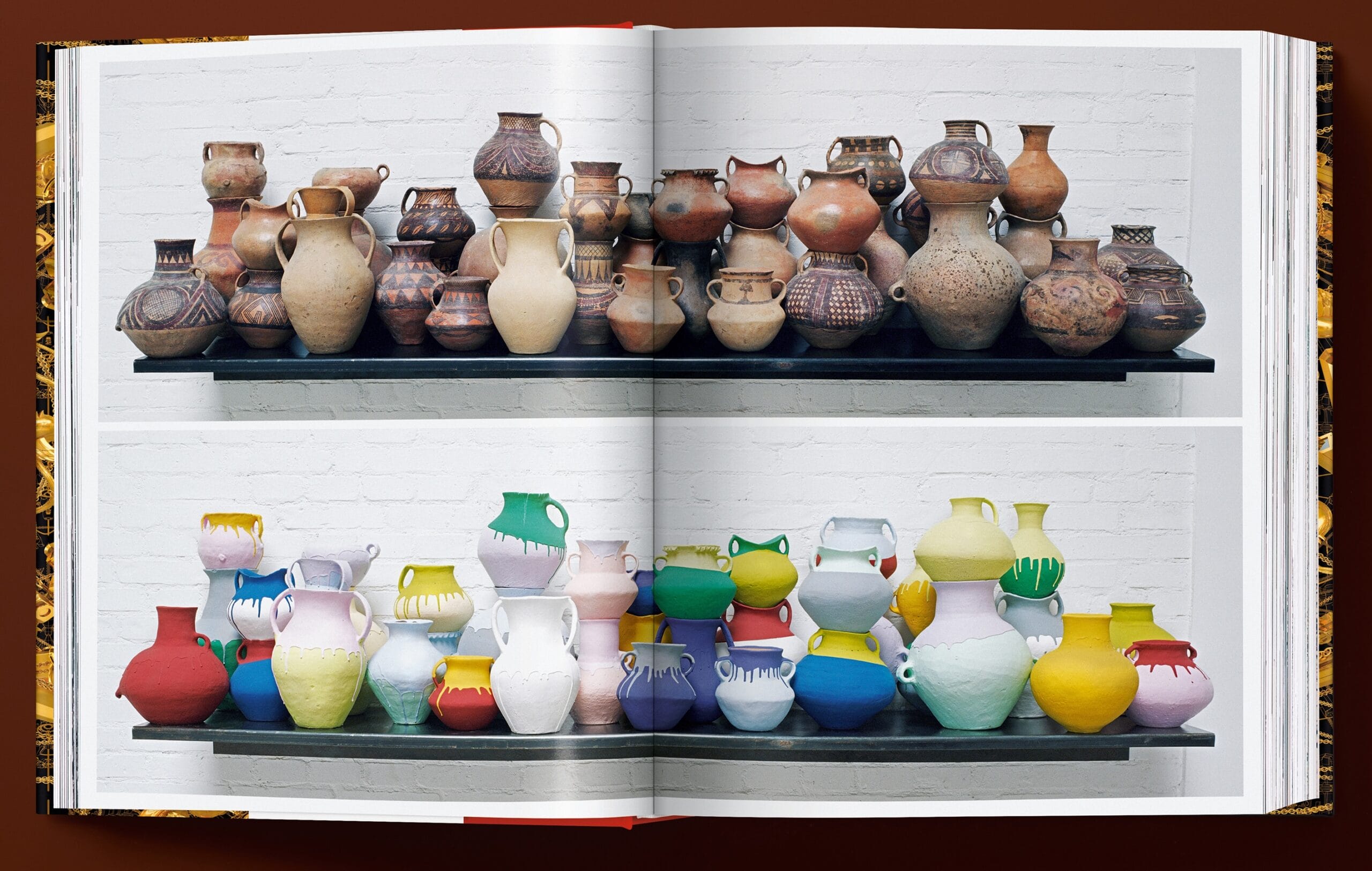 A spread from the book 'Ai Weiwei. Updated Edition' featuring two shelves of pots, with historic versions on top and colorful, contemporary versions on the bottom