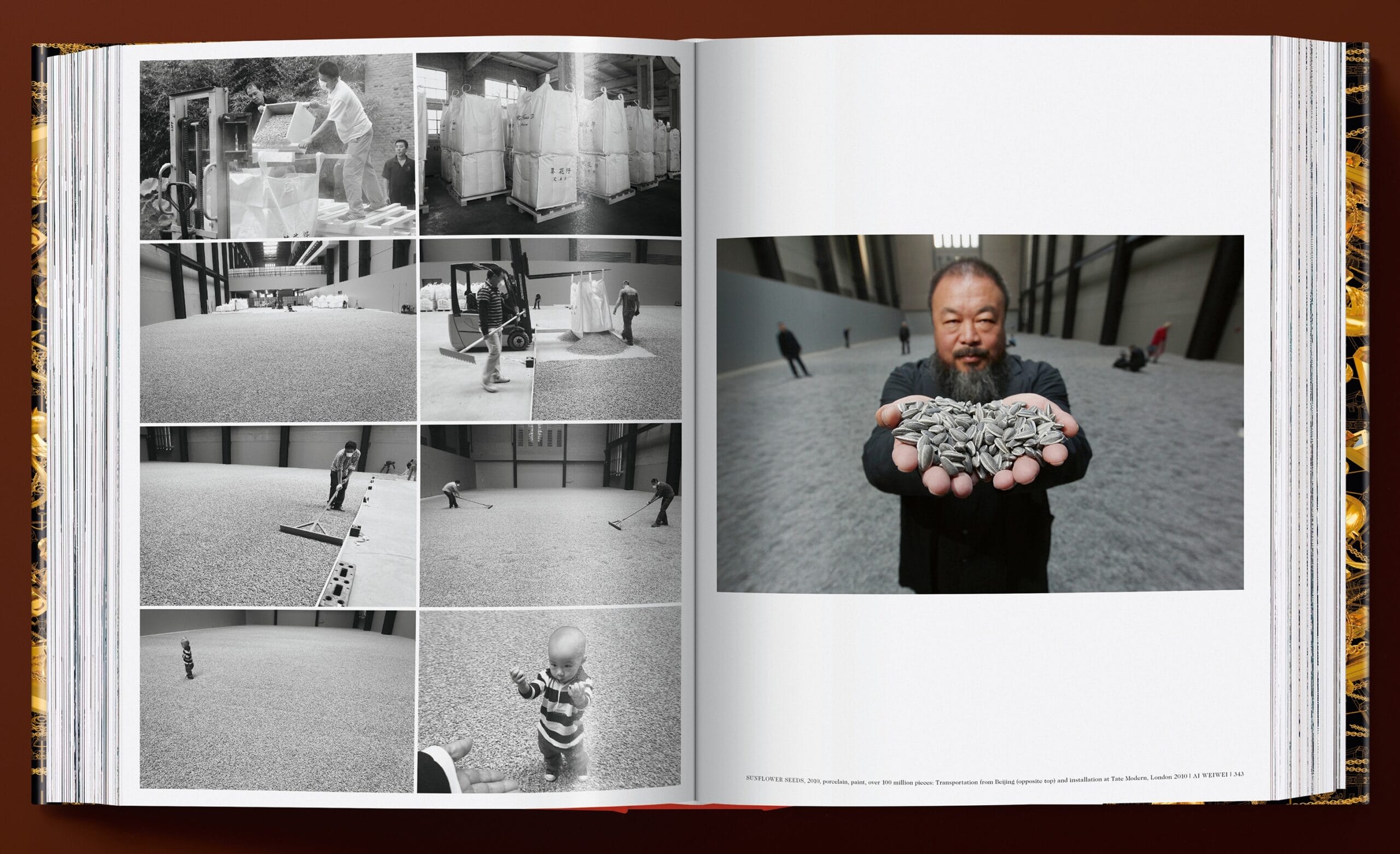 A spread from the book 'Ai Weiwei. Updated Edition' featuring black-and-white photos of the artist's huge installation of porcelain sunflower seeds on the floor of Turbine Hall, Tate Modern, London