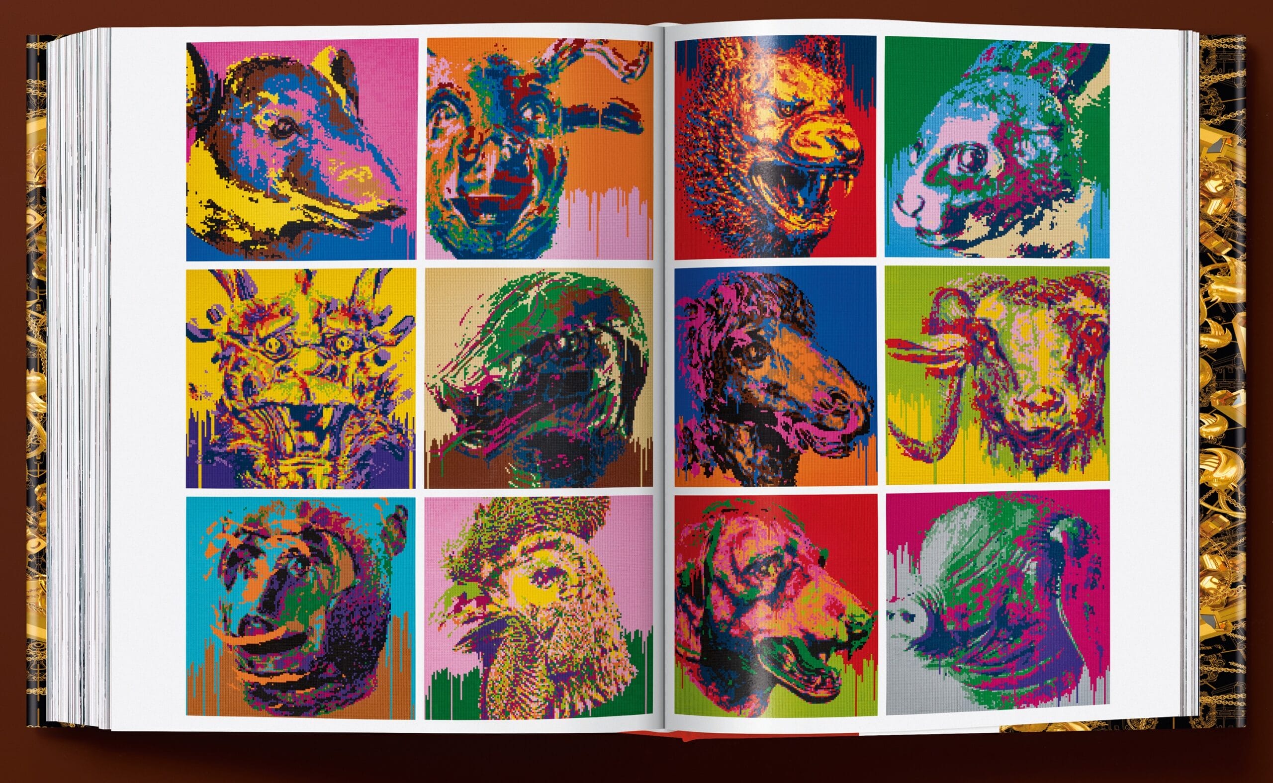 A spread from the book 'Ai Weiwei. Updated Edition' featuring colorful editions of the artist's Zodiac animal series