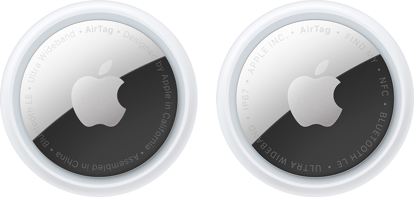 Image of two AirTags side by side: back side shown with Apple logo and type in a circle around the plastic silver battery cover.