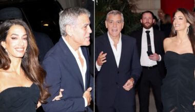 Amal Clooney wears a strapless black sweetheart gown alongside George Clooney at the Omega House opening night during Milano Cortina 2026 Winter Olympics on Saturday in Milan.