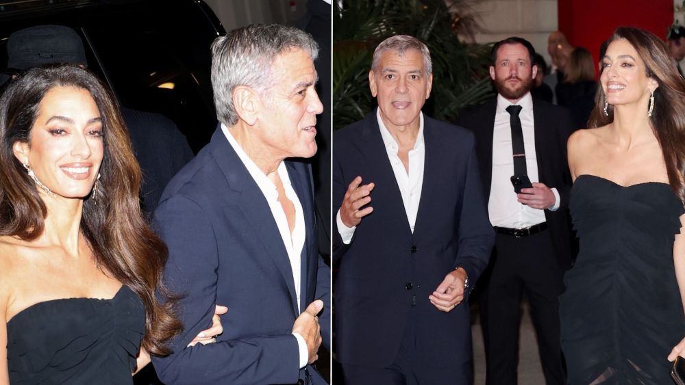 Amal Clooney wears a strapless black sweetheart gown alongside George Clooney at the Omega House opening night during Milano Cortina 2026 Winter Olympics on Saturday in Milan.
