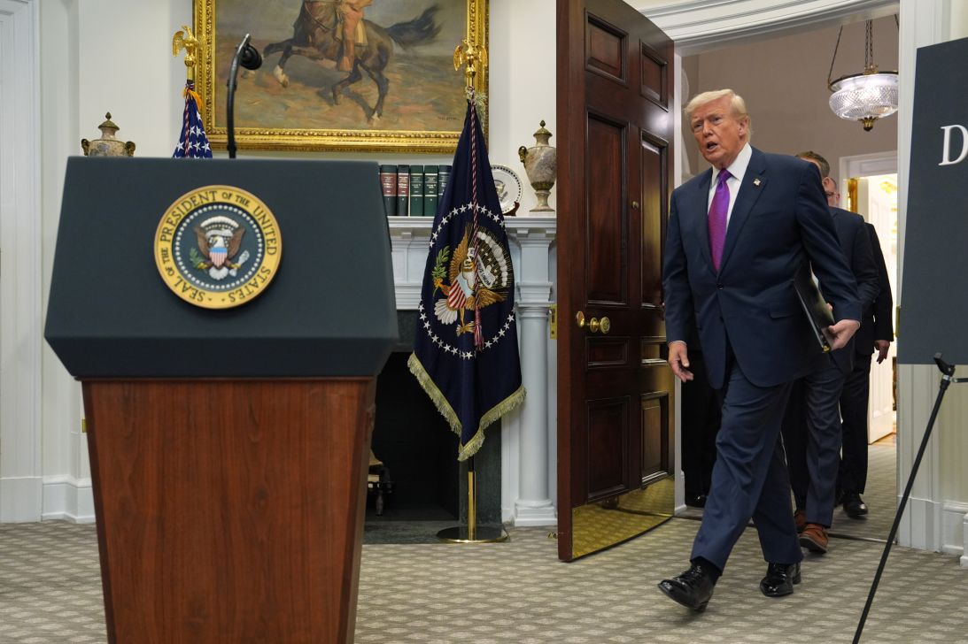 President Donald Trump arrives to announce the Environmental Protection Agency will no longer regulate greenhouse gases, in the Roosevelt Room of the White House, Thursday, Feb. 12, 2026, in Washington.