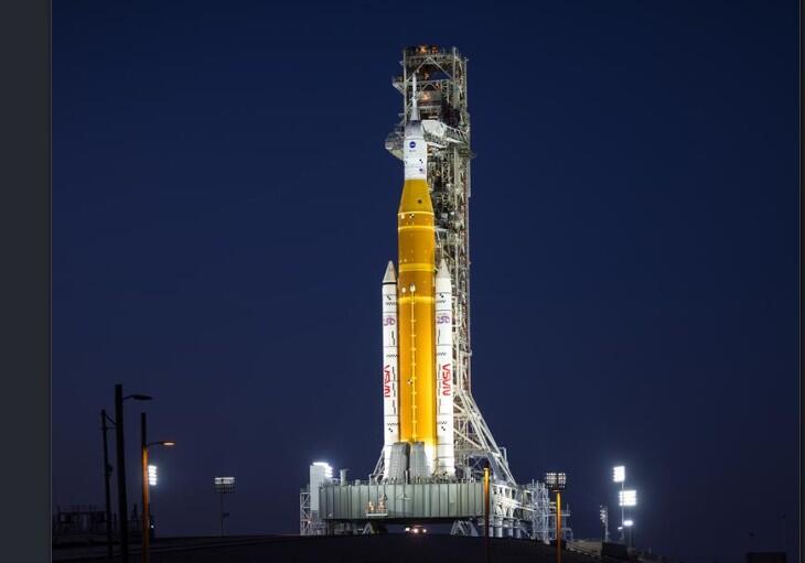 NASA’s Artemis II Space Launch System (SLS) rocket and Orion spacecraft are seen illuminated by lights at Launch Complex 39B, Tuesday, Feb. 10, 2026, at NASA’s Kennedy Space Center in Florida. In the coming days, engineers will prepare for the second wet dress rehearsal, a two-day test that simulates launch day. The Artemis II test flight will take Commander Reid Wiseman, Pilot Victor Glover, and Mission Specialist Christina Koch from NASA, and Mission Specialist Jeremy Hansen from the CSA (Canadian Space A