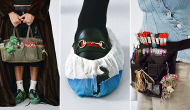 A triptych showing close-ups of fashion accessories: left, a person holds a green utility bag filled with red-handled tools; center, a foot in a black shoe and blue disposable shoe cover; right, a belt with tools and cords over denim.