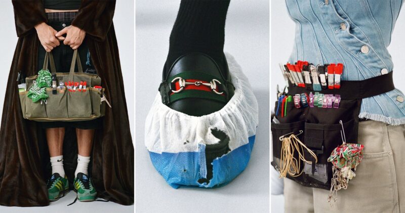 A triptych showing close-ups of fashion accessories: left, a person holds a green utility bag filled with red-handled tools; center, a foot in a black shoe and blue disposable shoe cover; right, a belt with tools and cords over denim.