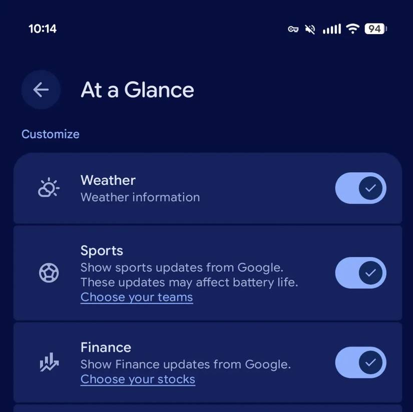 A screenshot highlighting Pixel Launcher's At a Glance widget customization screen.