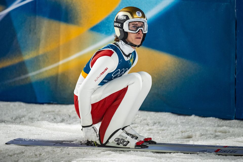 Austria's Daniel Tschofenig after the men's large hill individual first round at the Winter Olympics on Saturday. Photo: Tom Weller/Getty Images