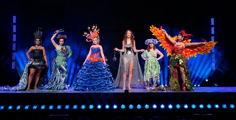 (left-right) Gear Glamour, Miss Mares, Torn by Motor Neurone Disease, Mirrorball, The War Between The Land and The Sea and Golden Phoenix Fortune, designs made entirely from recycled materials during the Junk Kouture World Final at the Helix in Dublin. Niall Carson/PA Wire