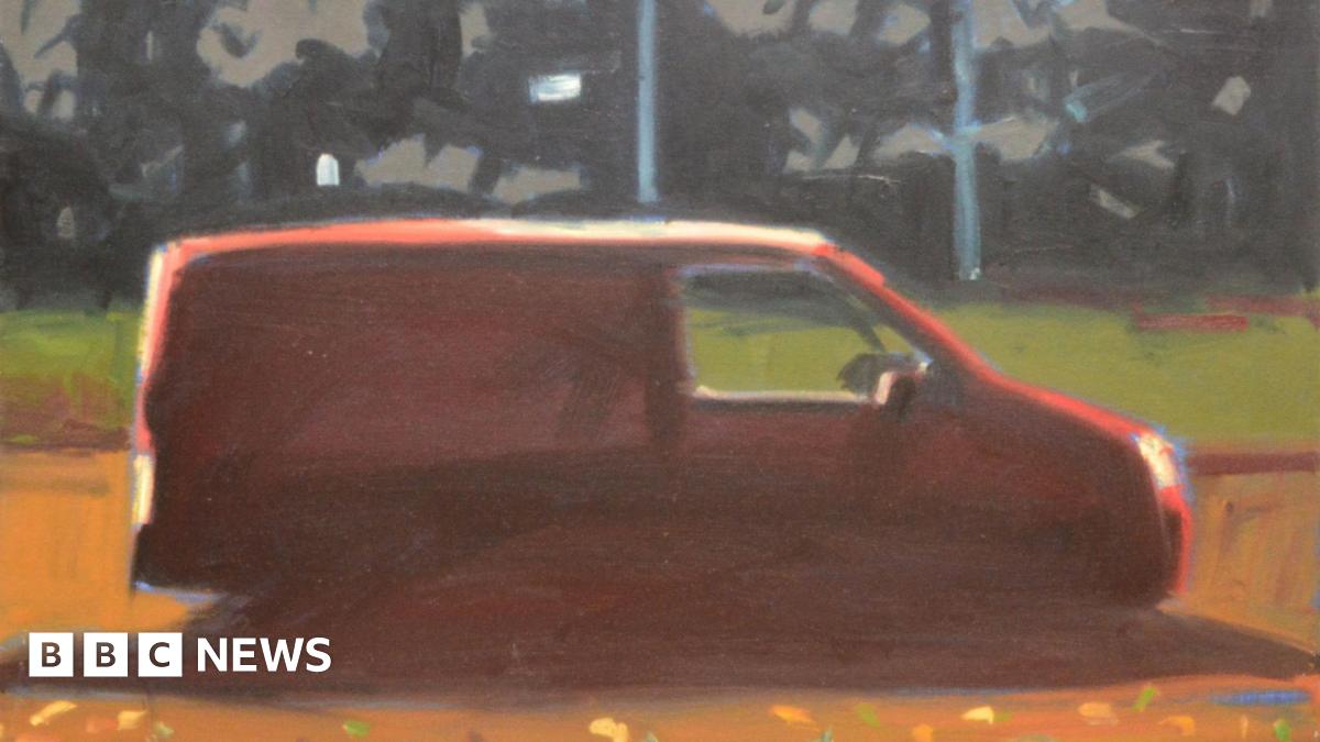 An oil painting of a red post office van