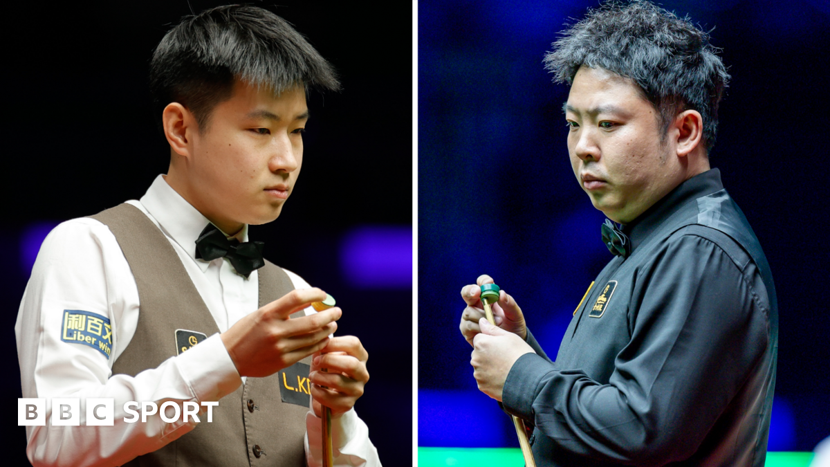 Zhao Xintong and Zhang Anda in a split picture, both chalking their cues. Zhao wears a white shirt with a tan waistcoat and black bowtie, while Zhang is all in black.