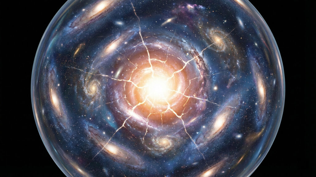 Illustration of the universe as a ball with stars and galaxies, and a set of cracks forming outwards from the centre filled with bright light