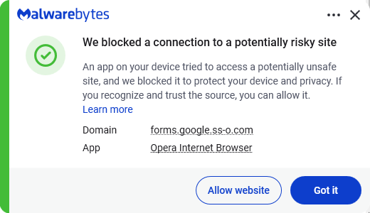 forms.google.ss-o.com blocked by Malwarebytes