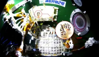 Inside a spacecraft with scientific instruments and equipment for space research.