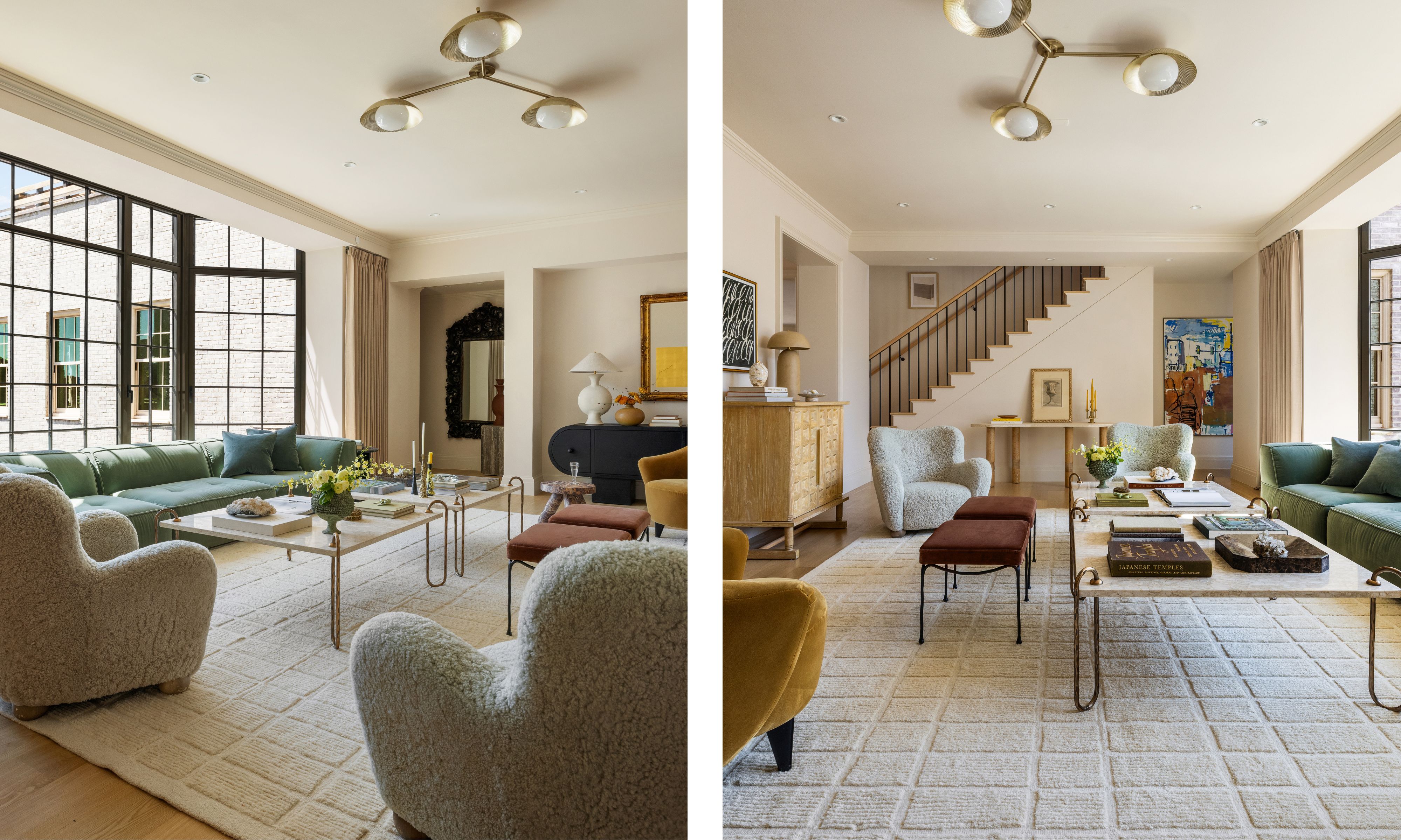 two shots next to each other of the same living room from different angles, showing a green sofa, cream rug and yellow chair