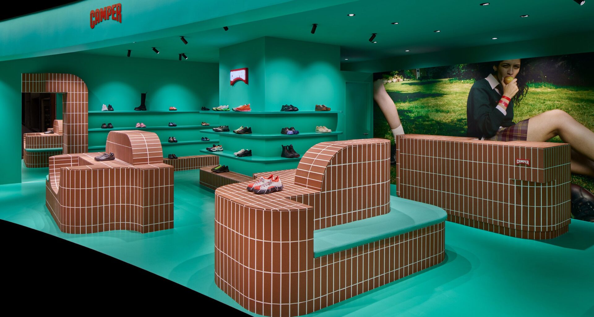 Tiled display stand in Camper Shin Maru interior by Jorge Penadés