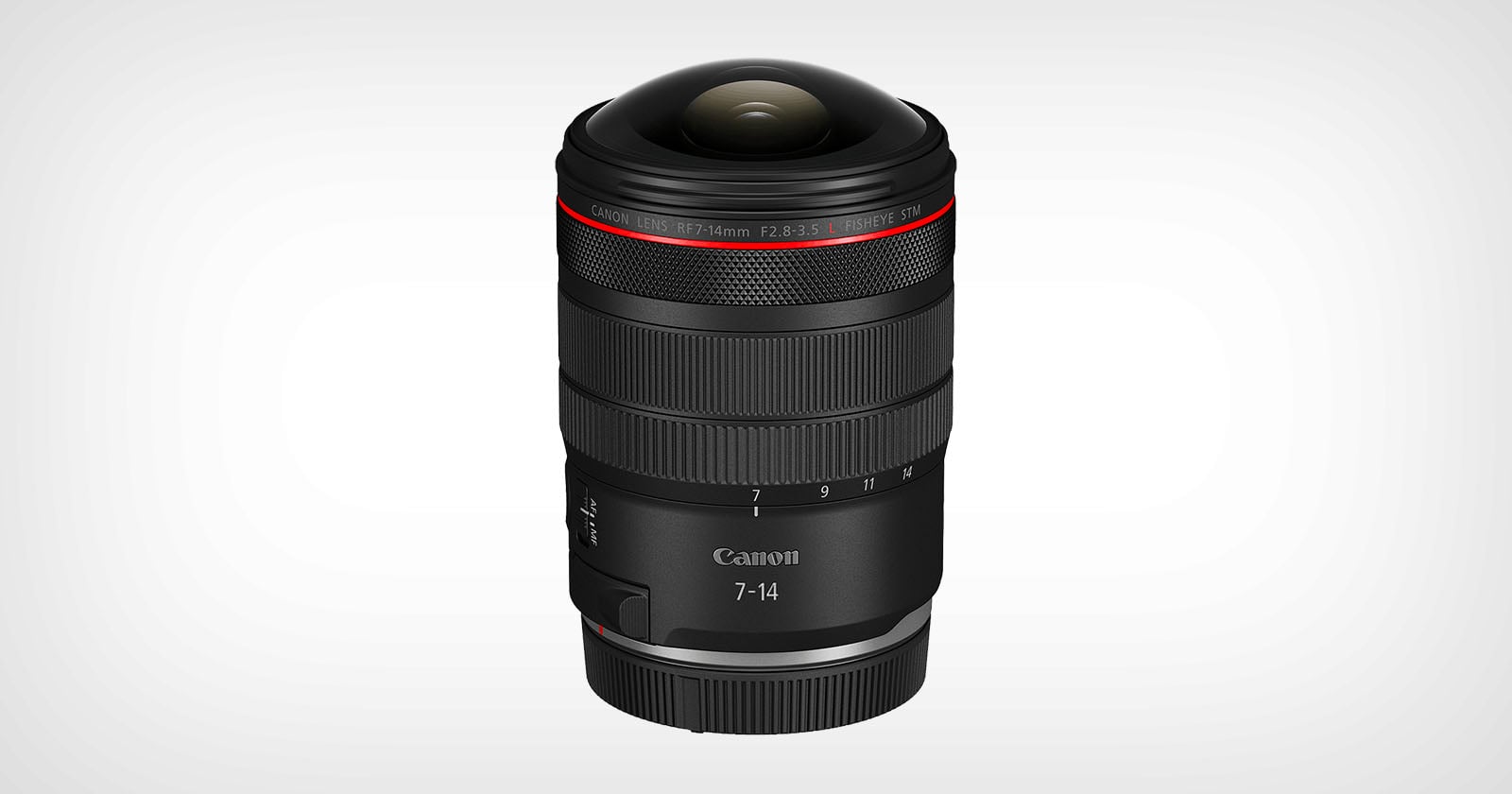 A Canon RF 7-14mm camera lens with a wide, rounded glass front element, black body, red ring near the top, and white text displaying focal length and brand, against a plain light background.