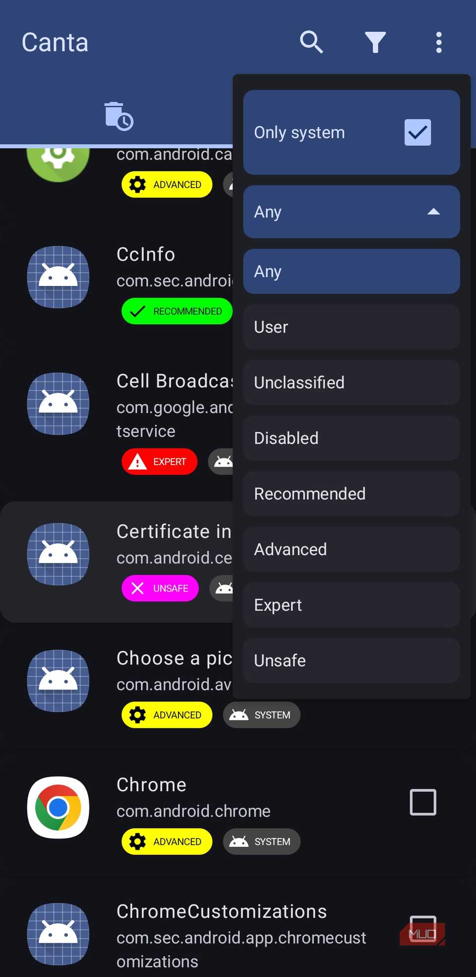 Canta app filter menu on Android phone