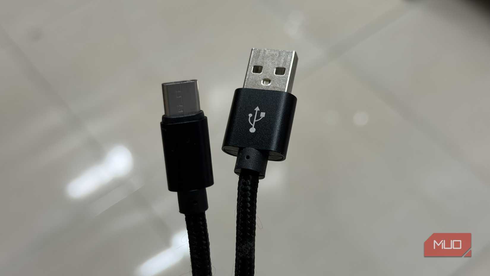 Close up of a USB-A to USB-C cable